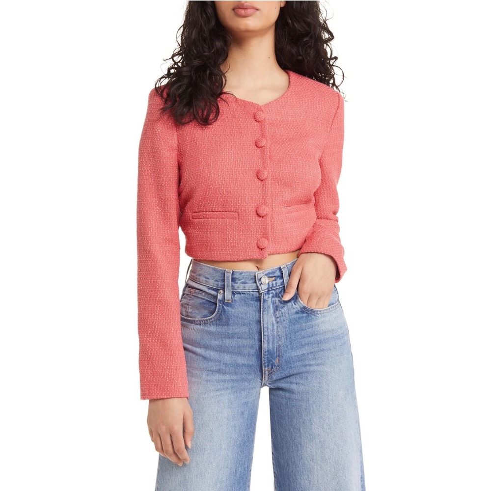 Open Edit Coral Pink Boucle Tweed Cropped Jacket Blazer XL